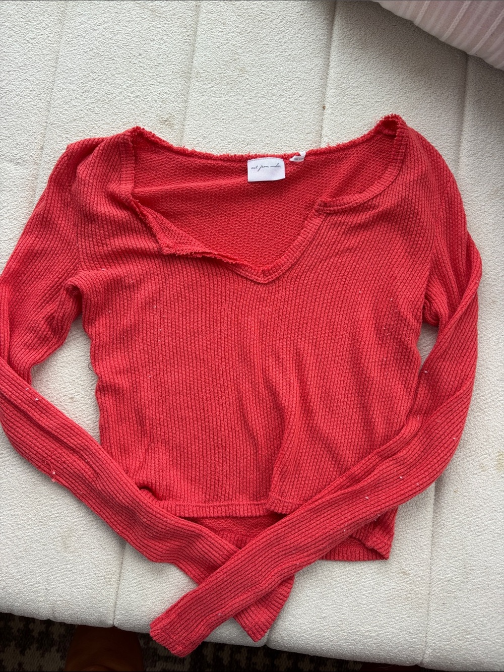 Urban Outfitters Coral Red Ribbed V-Neck Long Sleeve Top